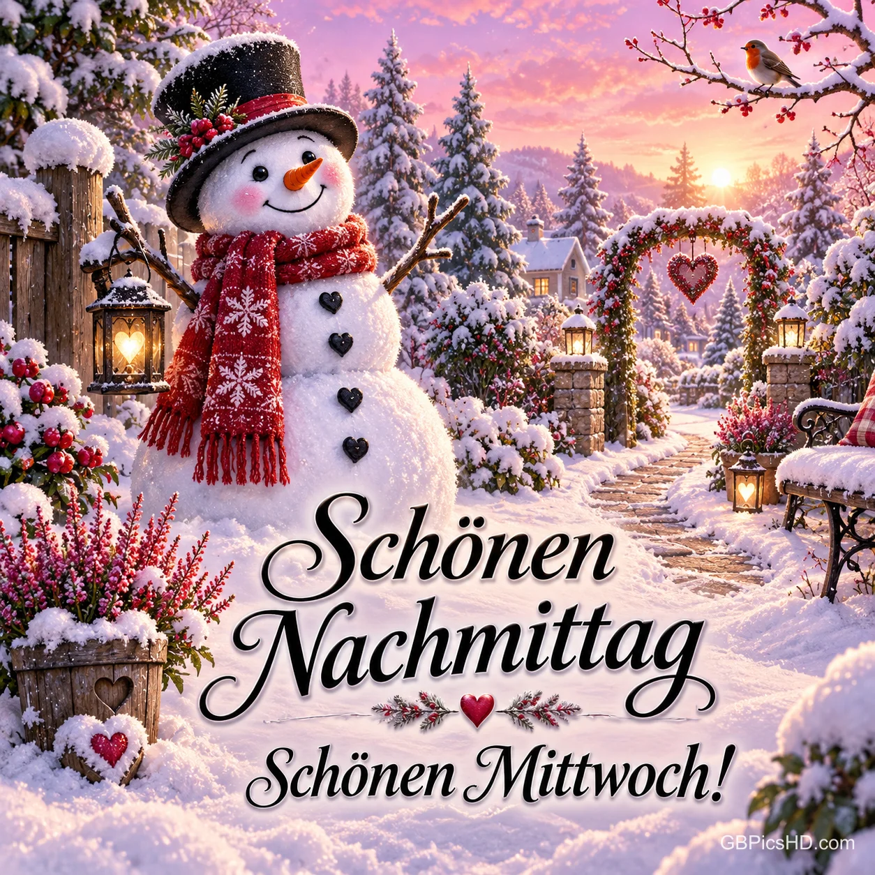 Ein Schneemann mit rotem Schal steht im verschneiten Garten unter "Schönen Nachmittag Schönen Mittwoch!".