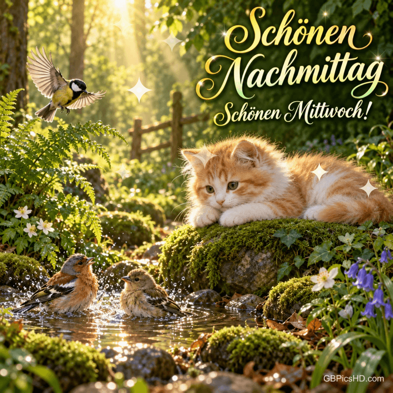Ein Kätzchen liegt am Bach bei badenden Vögeln; darüber steht "Schönen Nachmittag Schönen Mittwoch!".