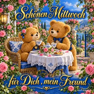 Zwei Teddybären trinken Tee zwischen rosa Rosen; dazu steht "Schönen Mittwoch für Dich, mein Freund.".