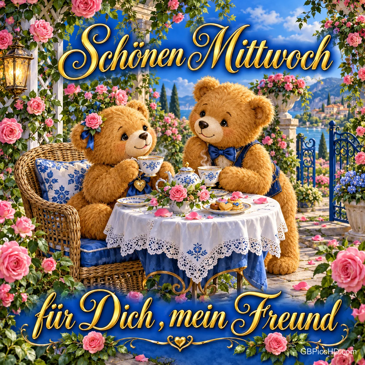 Zwei Teddybären trinken Tee zwischen rosa Rosen; dazu steht "Schönen Mittwoch für Dich, mein Freund.".