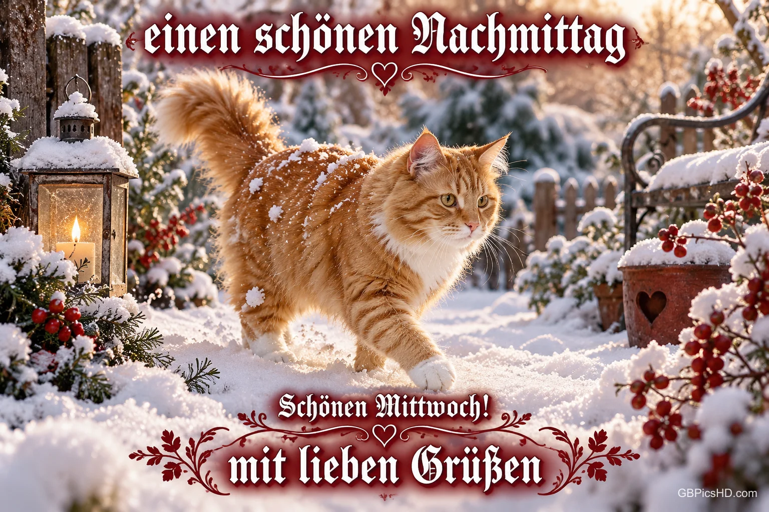 Eine orangefarbene Katze läuft durch einen verschneiten Garten neben einer Laterne: "Einen schönen Nachmittag Schönen Mittwoch!".