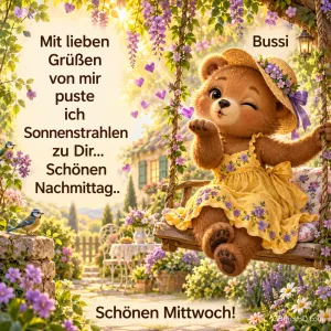 Ein Teddybär im gelben Kleid sitzt auf einer Blumenschaukel und pustet Herzen zu "Schönen Mittwoch!".