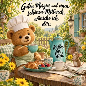 Ein Teddybär mit Kochmütze hält eine Tasse am Frühstückstisch neben einer Kanne mit "Kaffee für dich".