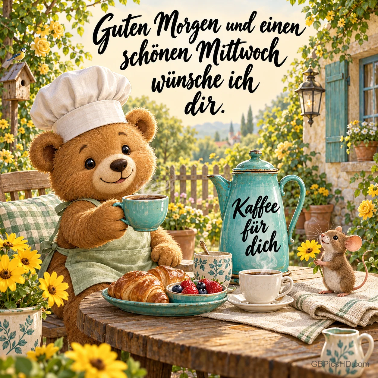 Ein Teddybär mit Kochmütze hält eine Tasse am Frühstückstisch neben einer Kanne mit "Kaffee für dich".
