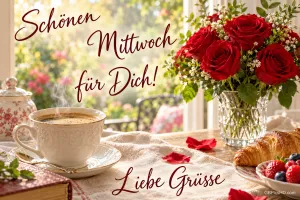 Kaffee, rote Rosen und ein Croissant stehen am sonnigen Fenster mit "Schönen Mittwoch für Dich! Liebe Grüße".