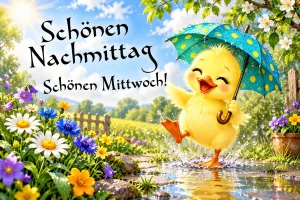 Ein gelbes Küken mit gepunktetem Schirm planscht in einer Pfütze neben "Schönen Nachmittag Schönen Mittwoch!".