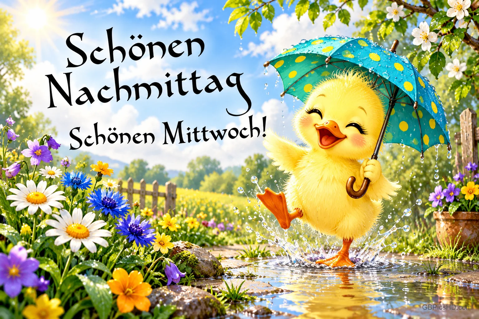 Ein gelbes Küken mit gepunktetem Schirm planscht in einer Pfütze neben "Schönen Nachmittag Schönen Mittwoch!".