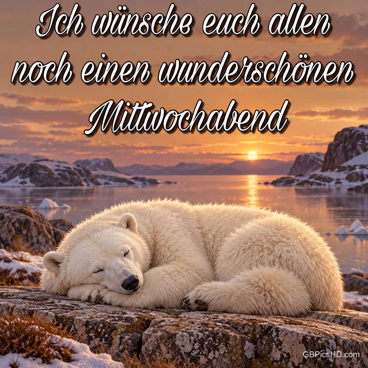 Ein Eisbär schläft am verschneiten Wasser im Sonnenuntergang unter "Ich wünsche euch allen noch einen wunderschönen Mittwochabend".
