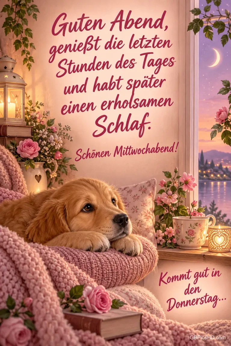Ein Hundewelpe liegt auf einer rosa Strickdecke neben Rosen, einer Tasse und Kerzenlicht mit dem Gruß "Schönen Mittwochabend!".
