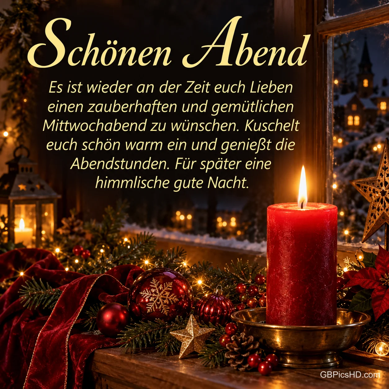 Eine rote Kerze brennt zwischen Tannenzweigen, Weihnachtskugeln und goldenen Sternen am Fenster unter dem Gruß "Schönen Abend".