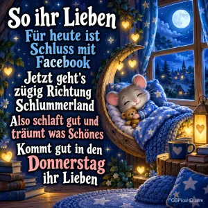 Eine Maus schläft mit einem Teddy in einem Mondsessel am Fenster: "Also schlaft gut und träumt was Schönes".