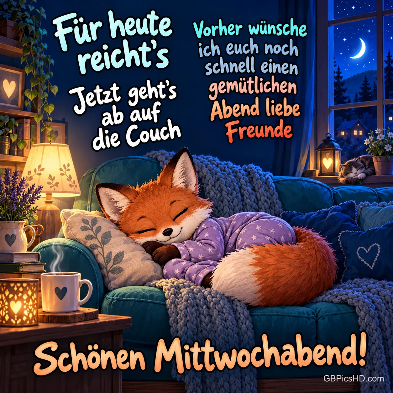 Ein Fuchs im lila Schlafanzug schläft auf einem blauen Sofa zwischen Decken und Kissen, darunter "Schönen Mittwochabend!".