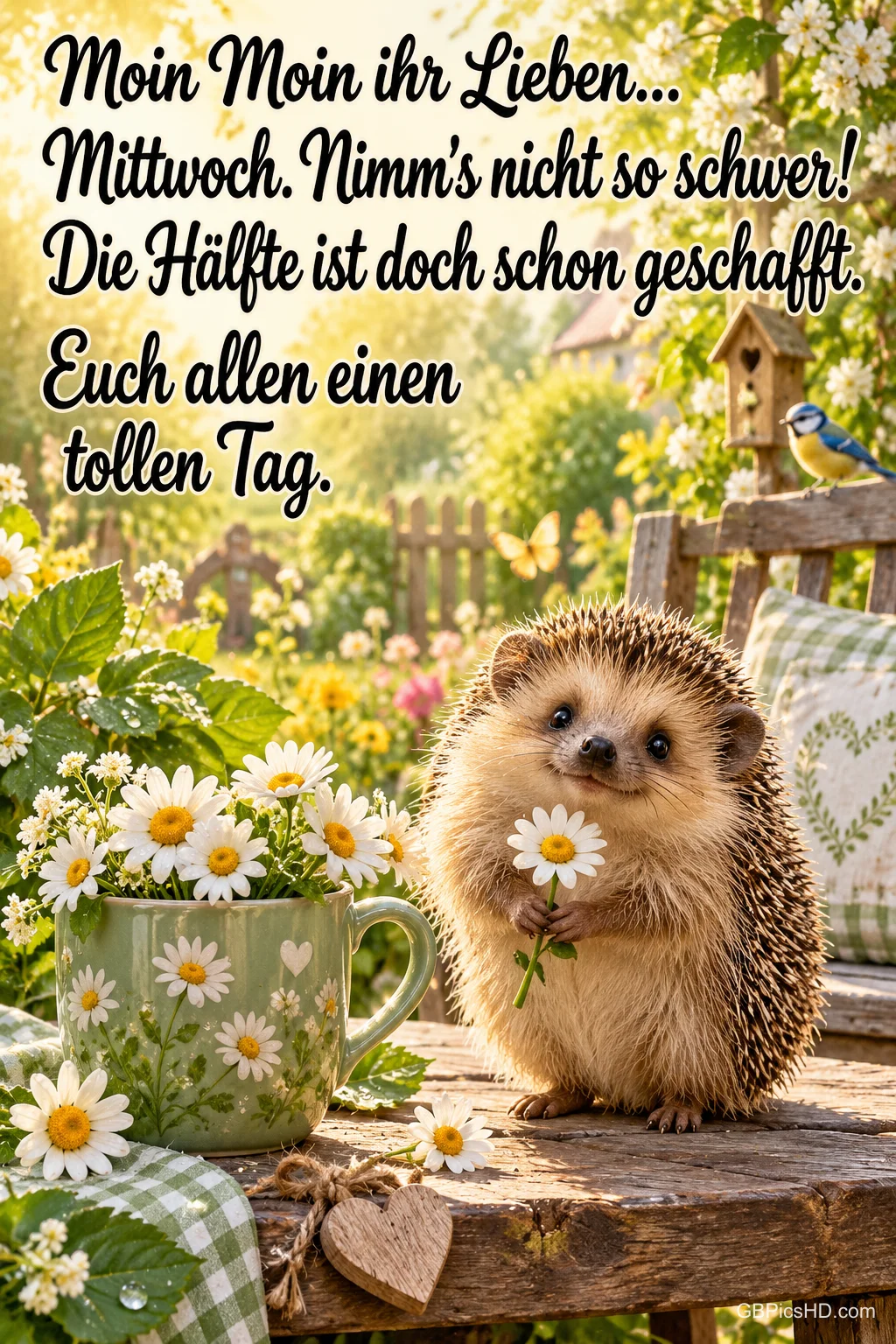 Ein Igel hält eine Gänseblümchenblüte neben einer grünen Blumentasse im Garten, darüber steht "Moin Moin ihr Lieben...".