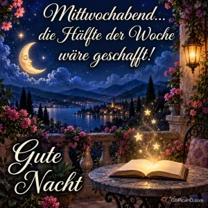 Auf einer blumengeschmückten Terrasse liegt ein leuchtendes Buch unter Sternen und einem Mond mit Gesicht, dazu "Gute Nacht".
