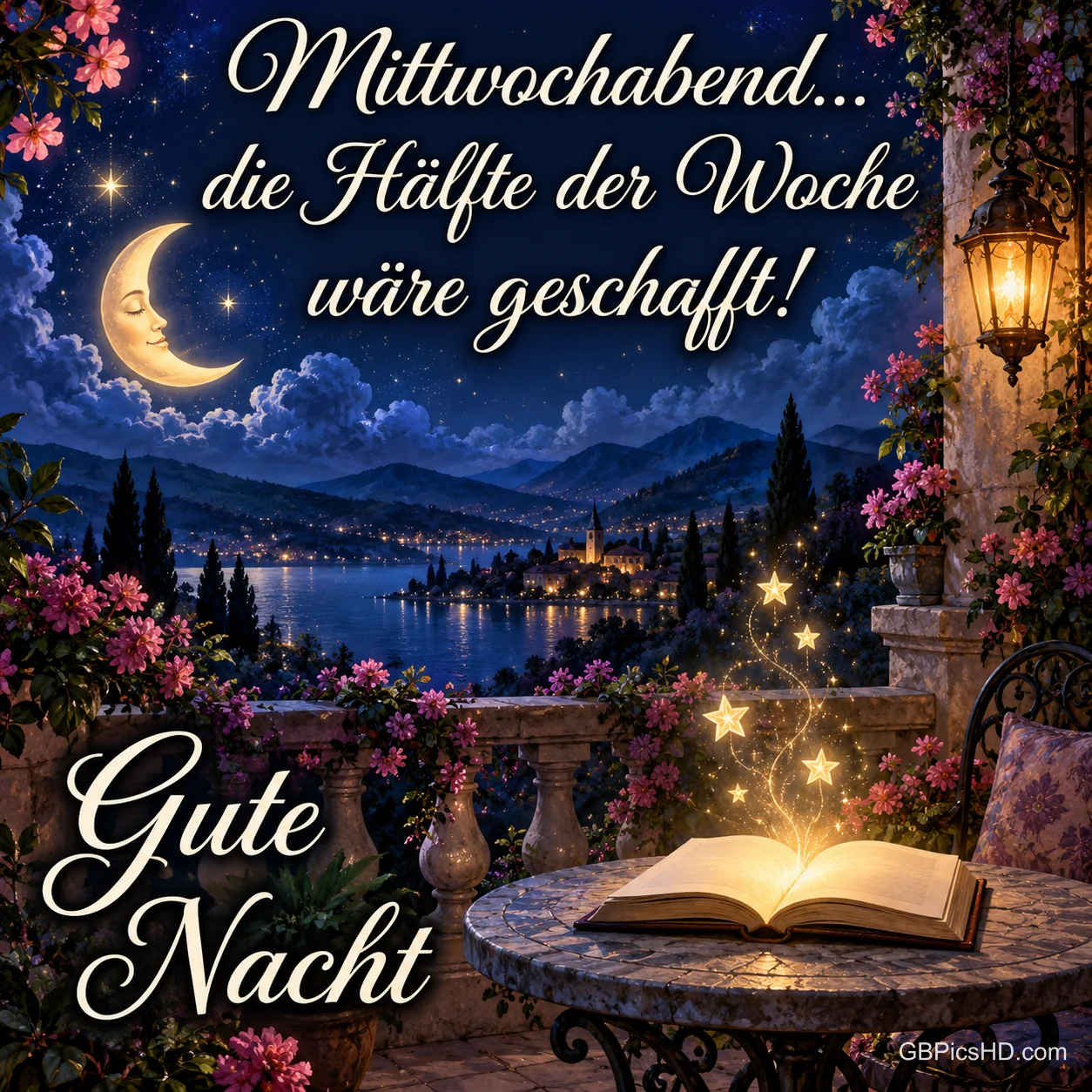Auf einer blumengeschmückten Terrasse liegt ein leuchtendes Buch unter Sternen und einem Mond mit Gesicht, dazu "Gute Nacht".