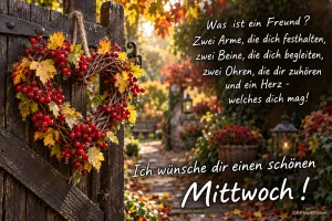 Ein herzförmiger Kranz aus Herbstblättern und roten Beeren hängt an einem Holztor neben "Ich wünsche dir einen schönen Mittwoch!".