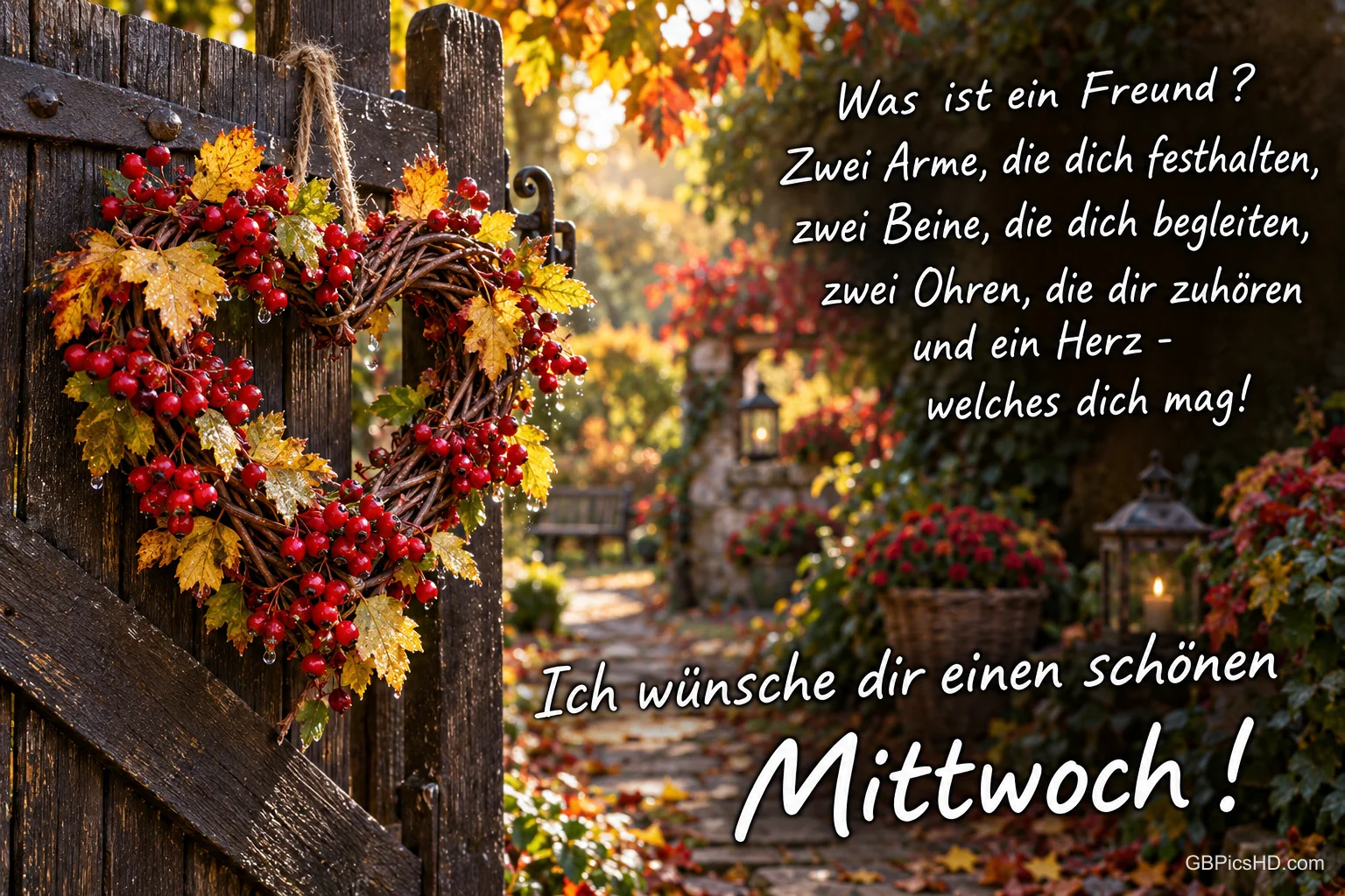 Ein herzförmiger Kranz aus Herbstblättern und roten Beeren hängt an einem Holztor neben "Ich wünsche dir einen schönen Mittwoch!".