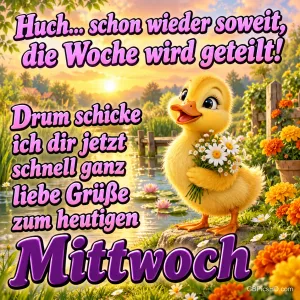 Ein gelbes Entenküken hält einen Blumenstrauß am Teich mit dem Gruß "ganz liebe Grüße zum heutigen Mittwoch".