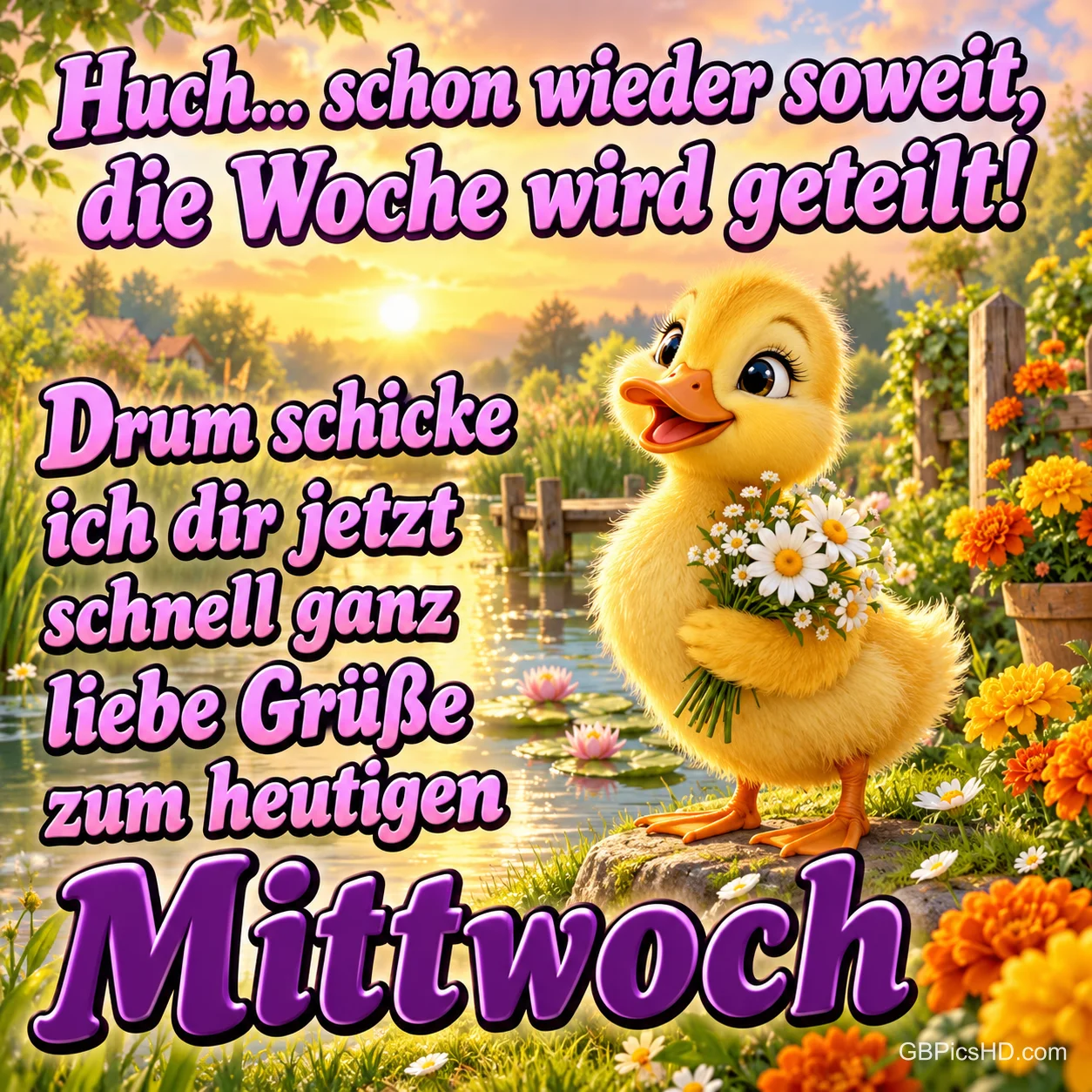 Ein gelbes Entenküken hält einen Blumenstrauß am Teich mit dem Gruß "ganz liebe Grüße zum heutigen Mittwoch".