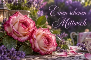 Zwei rosa Rosen liegen neben Lavendel, einer Laterne und einer Tasse mit dem Gruß "Einen schönen Mittwoch".