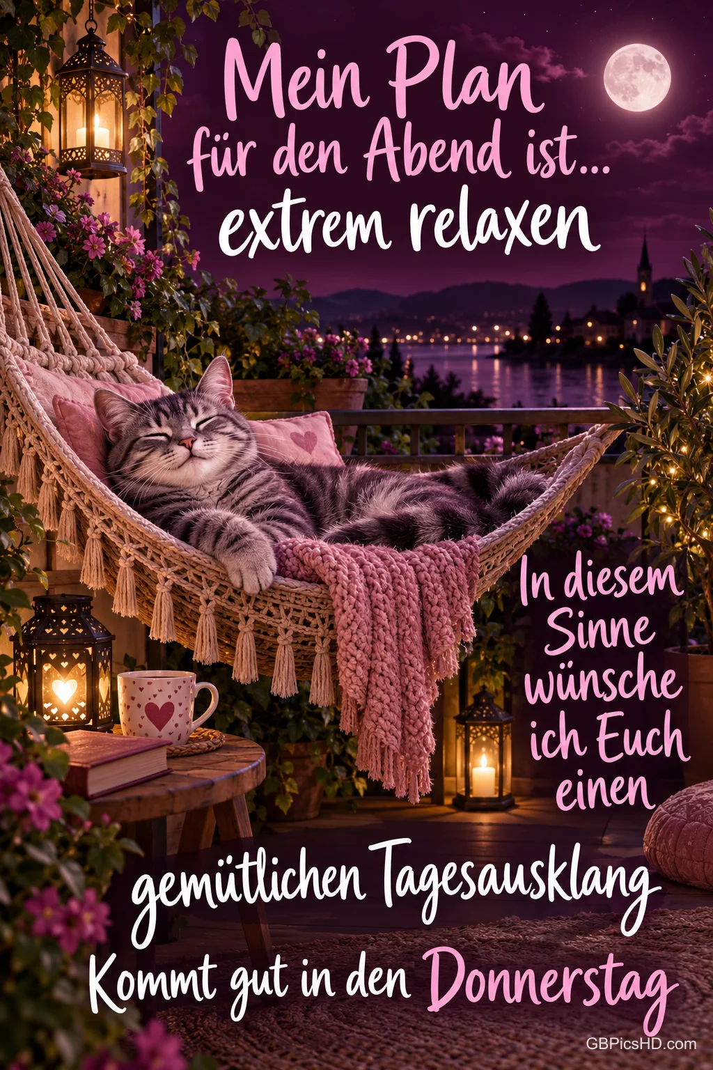 Eine Katze ruht in einer Hängematte auf einer Terrasse bei Mondschein mit dem Text "Mein Plan für den Abend ist... extrem relaxen".
