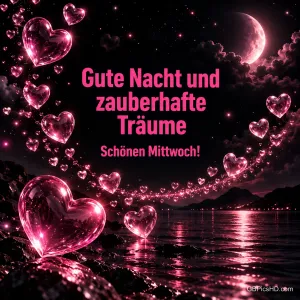 Rosa Glasherzen schweben über einem See unter einem rosa Mond mit dem Gruß "Gute Nacht und zauberhafte Träume".