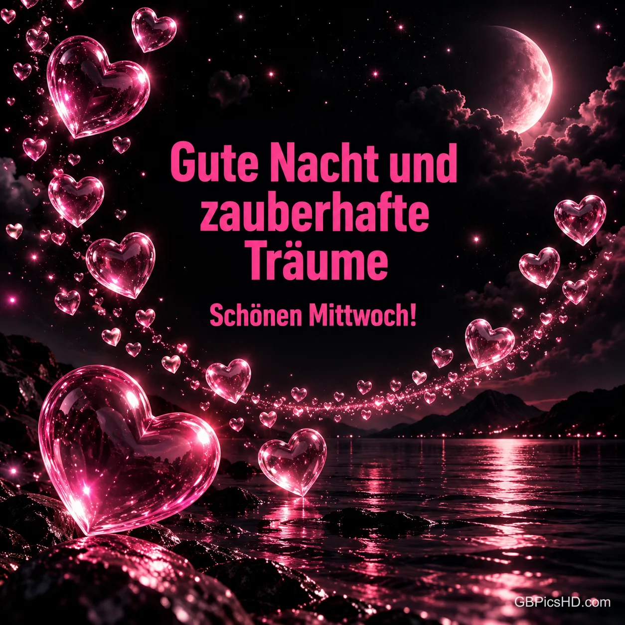 Rosa Glasherzen schweben über einem See unter einem rosa Mond mit dem Gruß "Gute Nacht und zauberhafte Träume".