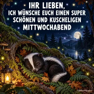 Ein schlafendes Stinktier liegt im hohlen Baum neben einer Laterne mit dem Wunsch "einen super schönen und kuscheligen Mittwochabend".