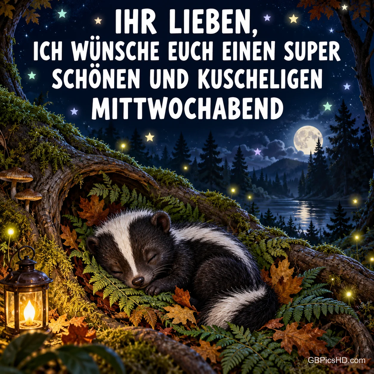 Ein schlafendes Stinktier liegt im hohlen Baum neben einer Laterne mit dem Wunsch "einen super schönen und kuscheligen Mittwochabend".
