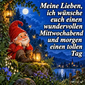 Ein Wichtel mit roter Mütze sitzt neben einer Laterne über einem See mit dem Wunsch "einen wundervollen Mittwochabend".
