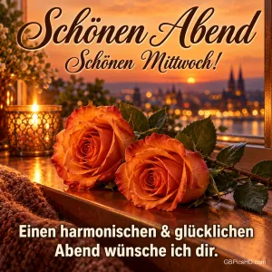 Zwei orange Rosen liegen neben einem Kerzenlicht vor einem Fenster im Sonnenuntergang mit dem Gruß "Schönen Abend Schönen Mittwoch!".