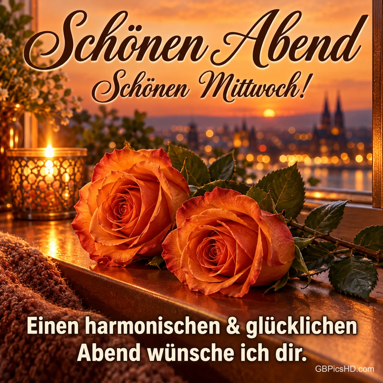 Zwei orange Rosen liegen neben einem Kerzenlicht vor einem Fenster im Sonnenuntergang mit dem Gruß "Schönen Abend Schönen Mittwoch!".