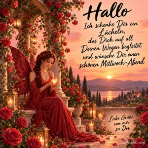 Eine Fee im roten Kleid hält ein leuchtendes Herz zwischen Rosen bei Sonnenuntergang mit dem Gruß "Liebe Grüße von mir zu Dir".