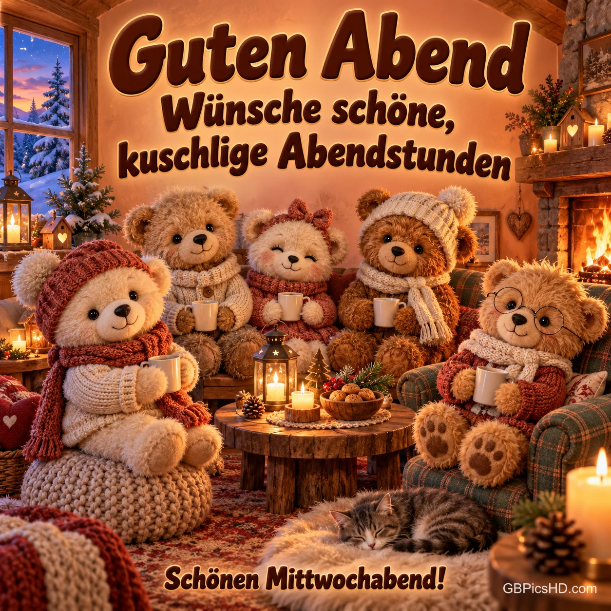 Fünf Teddybären mit Tassen sitzen am Kamin, davor schläft eine Katze; darüber steht "Guten Abend".