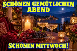 Kerzen, Trauben und zwei gefüllte Gläser stehen auf einer Terrasse am See: "SCHÖNEN GEMÜTLICHEN ABEND SCHÖNEN MITTWOCH!".