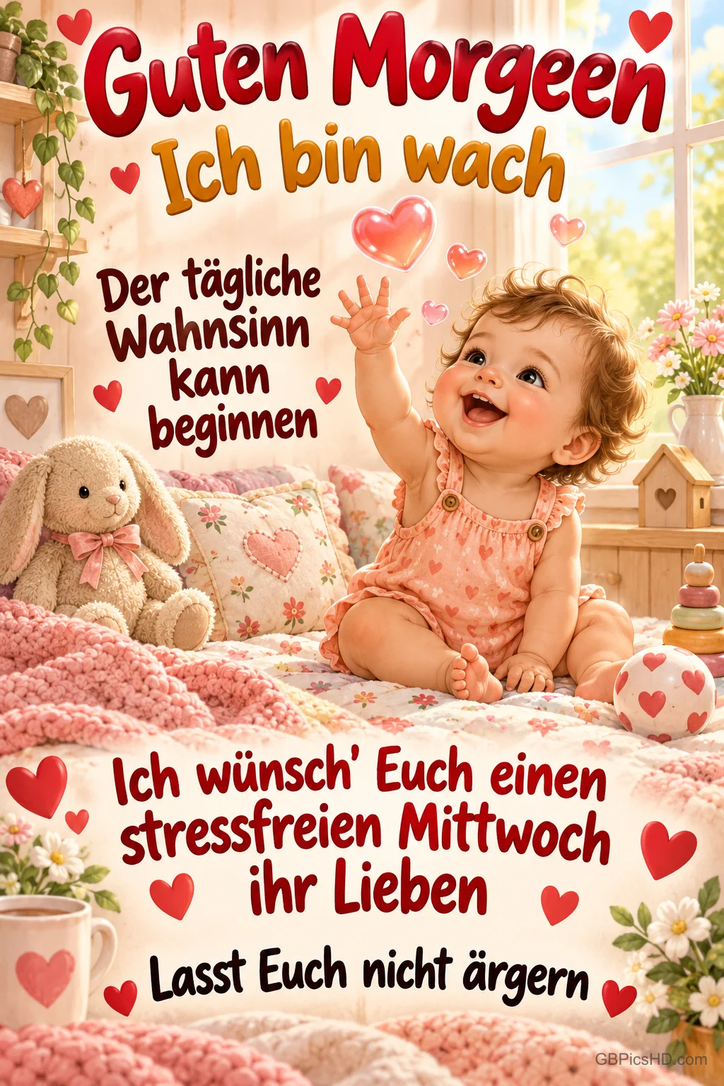 Ein lachendes Baby sitzt zwischen Herzen und einem Stoffhasen auf dem Bett; darüber steht "Guten Morgen".