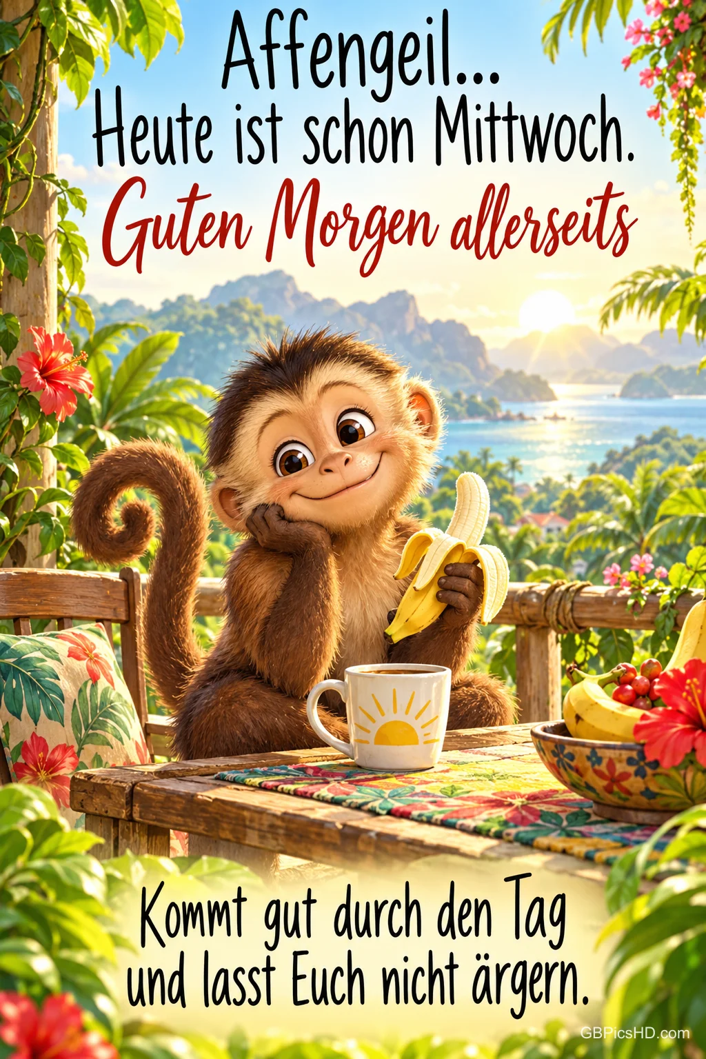 Ein Affe hält eine Banane am Frühstückstisch vor einer tropischen Küste; oben steht "Guten Morgen allerseits".