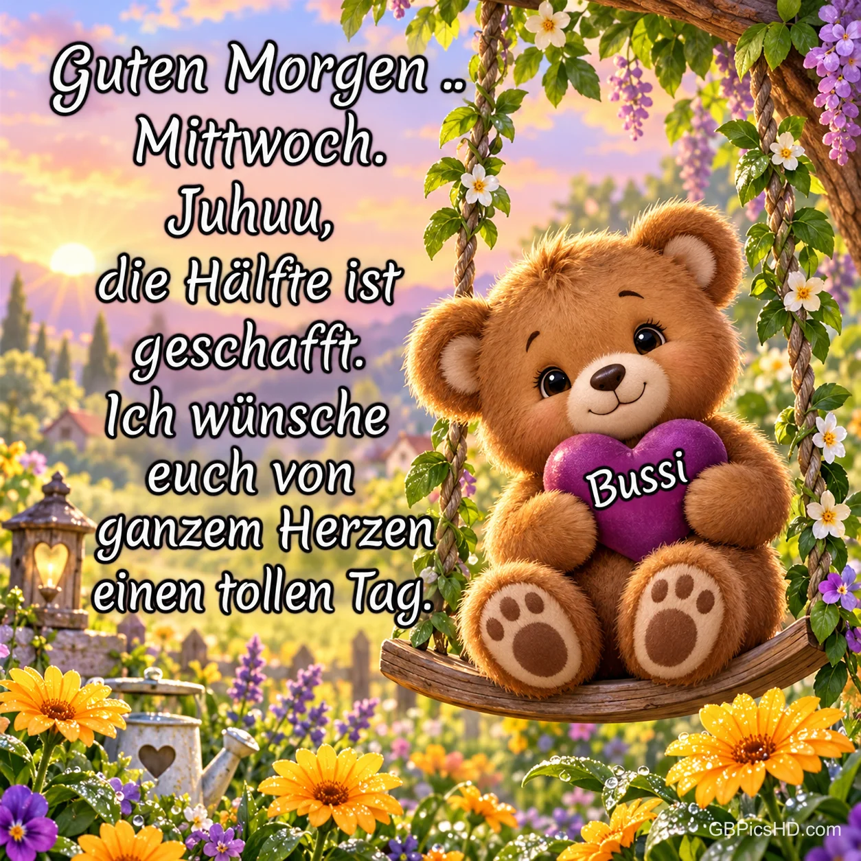 Ein Teddybär sitzt auf einer blumengeschmückten Schaukel und hält ein lila Herz mit "Bussi".