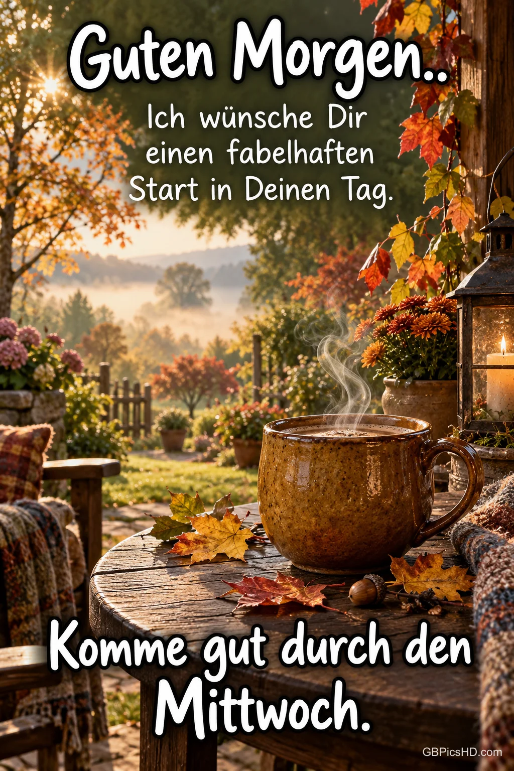 Eine dampfende Tasse steht zwischen Herbstblättern und einer Laterne auf einem Gartentisch; oben steht "Guten Morgen...".