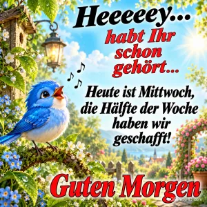 Ein blauer Vogel singt auf einem blühenden Ast, daneben schweben Noten; unten steht "Guten Morgen".