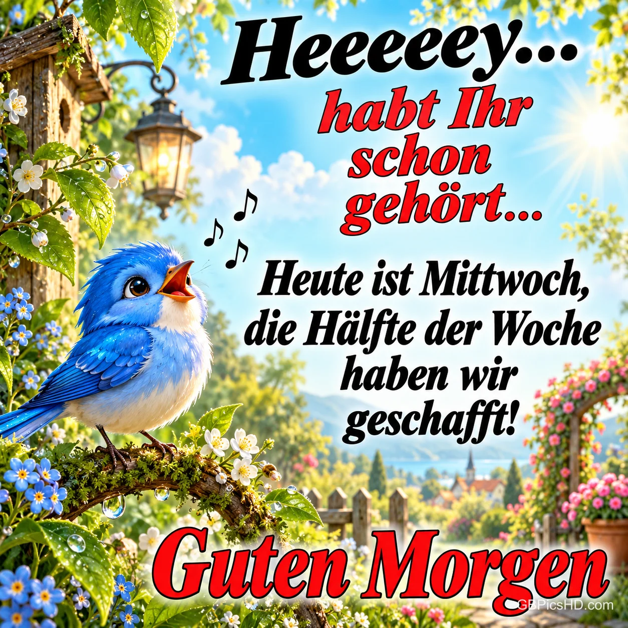 Ein blauer Vogel singt auf einem blühenden Ast, daneben schweben Noten; unten steht "Guten Morgen".