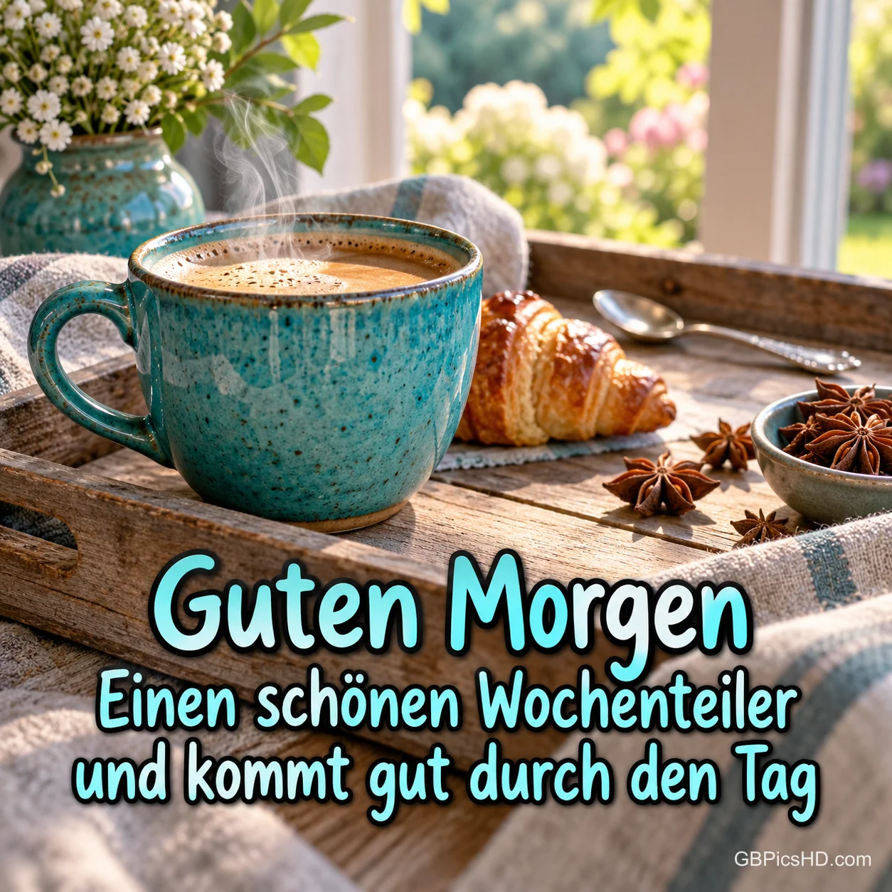 Eine türkisfarbene Kaffeetasse und ein Croissant stehen auf einem Holztablett am Fenster; darunter steht "Guten Morgen".