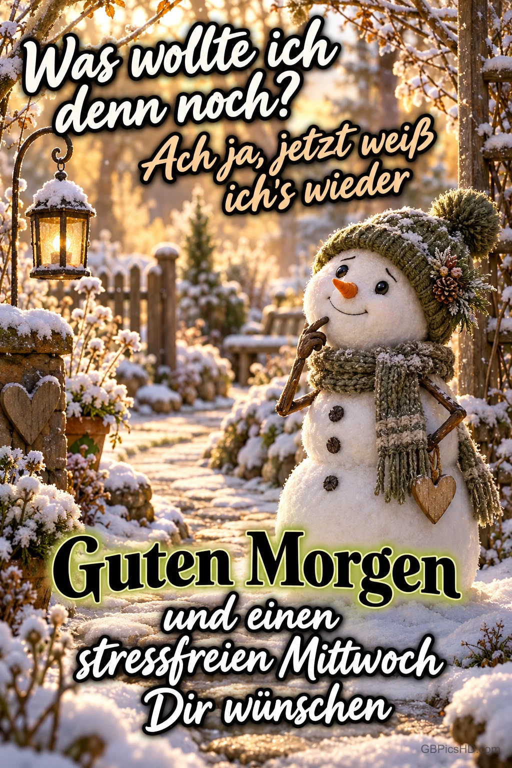 Ein Schneemann mit grüner Mütze und Schal steht im verschneiten Garten neben einer Laterne; unten steht "Guten Morgen".