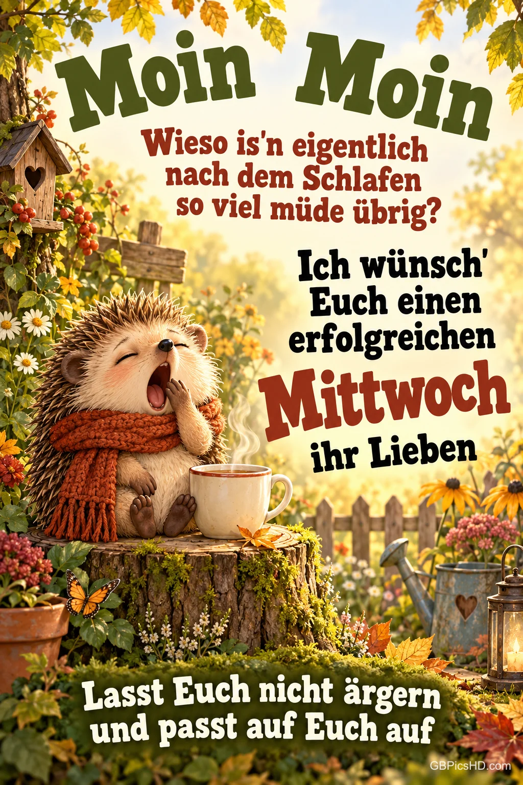 Ein gähnender Igel mit orangefarbenem Schal sitzt neben einer dampfenden Tasse auf einem Baumstumpf; darüber steht "Moin Moin".