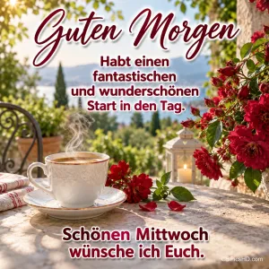 Eine dampfende Kaffeetasse steht neben roten Rosen und einer Laterne auf dem Gartentisch mit dem Gruß "Guten Morgen".