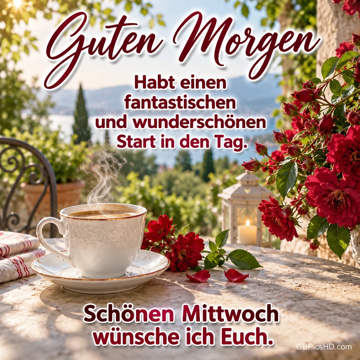 Eine dampfende Kaffeetasse steht neben roten Rosen und einer Laterne auf dem Gartentisch mit dem Gruß "Guten Morgen".
