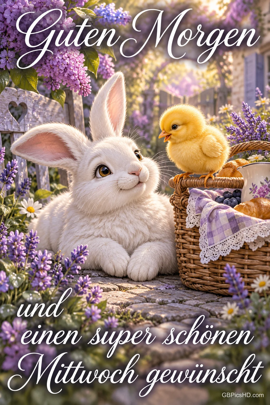 Ein weißes Kaninchen sitzt neben einem Küken auf einem Frühstückskorb zwischen lila Blüten mit dem Gruß "Guten Morgen". Ein weißes Kaninchen sitzt neben einem Küken auf einem Frühstückskorb zwischen lila Blüten mit dem Gruß "Guten Morgen".