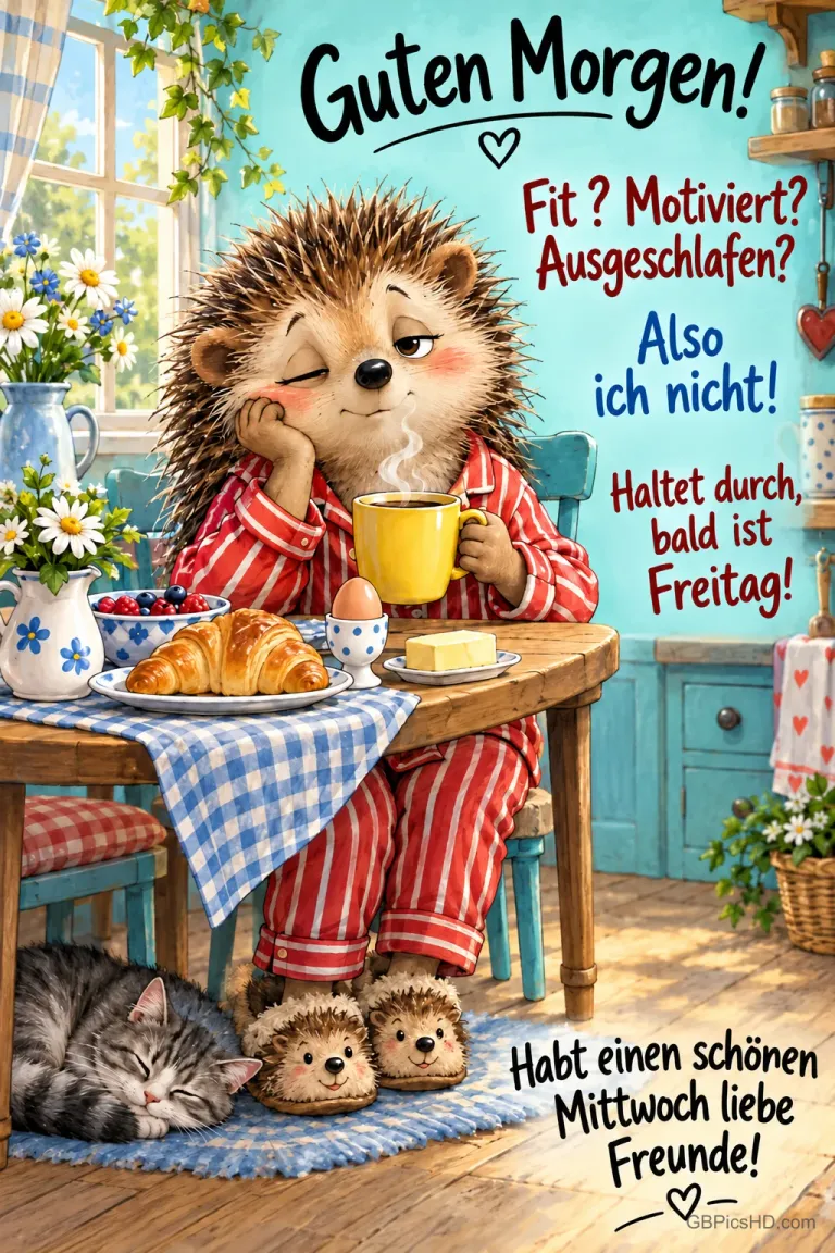 Ein müder Igel im roten Schlafanzug sitzt mit einer Tasse am Frühstückstisch, eine Katze schläft daneben; dazu steht "Guten Morgen!".