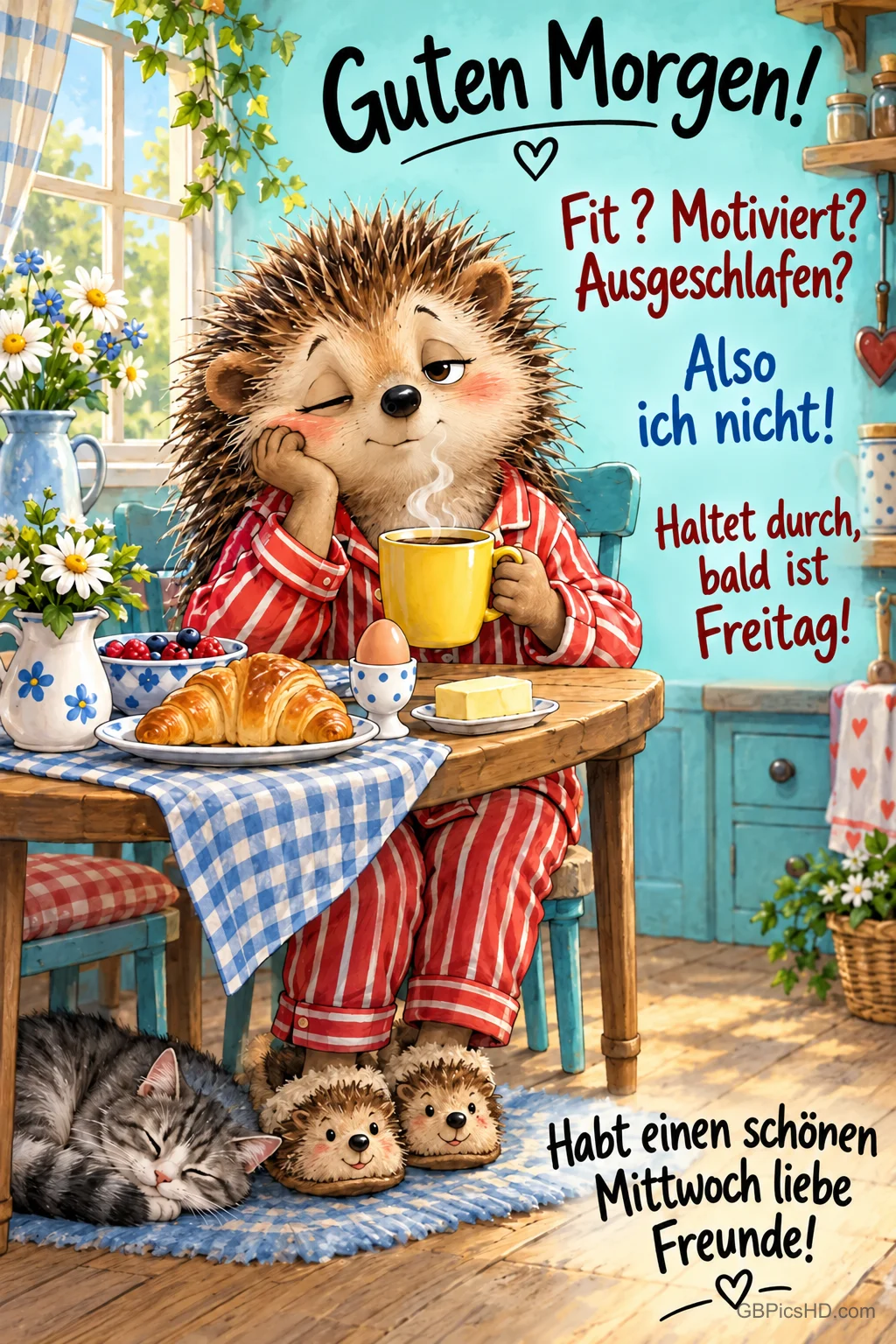 Ein müder Igel im roten Schlafanzug sitzt mit einer Tasse am Frühstückstisch, eine Katze schläft daneben; dazu steht "Guten Morgen!". Ein müder Igel im roten Schlafanzug sitzt mit einer Tasse am Frühstückstisch, eine Katze schläft daneben; dazu steht "Guten Morgen!".