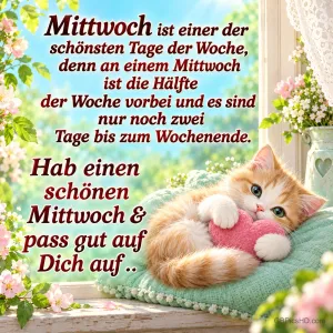 Ein orange-weißes Kätzchen umarmt ein rosa Herz auf einem grünen Kissen am Fenster mit dem Gruß "Hab einen schönen Mittwoch".